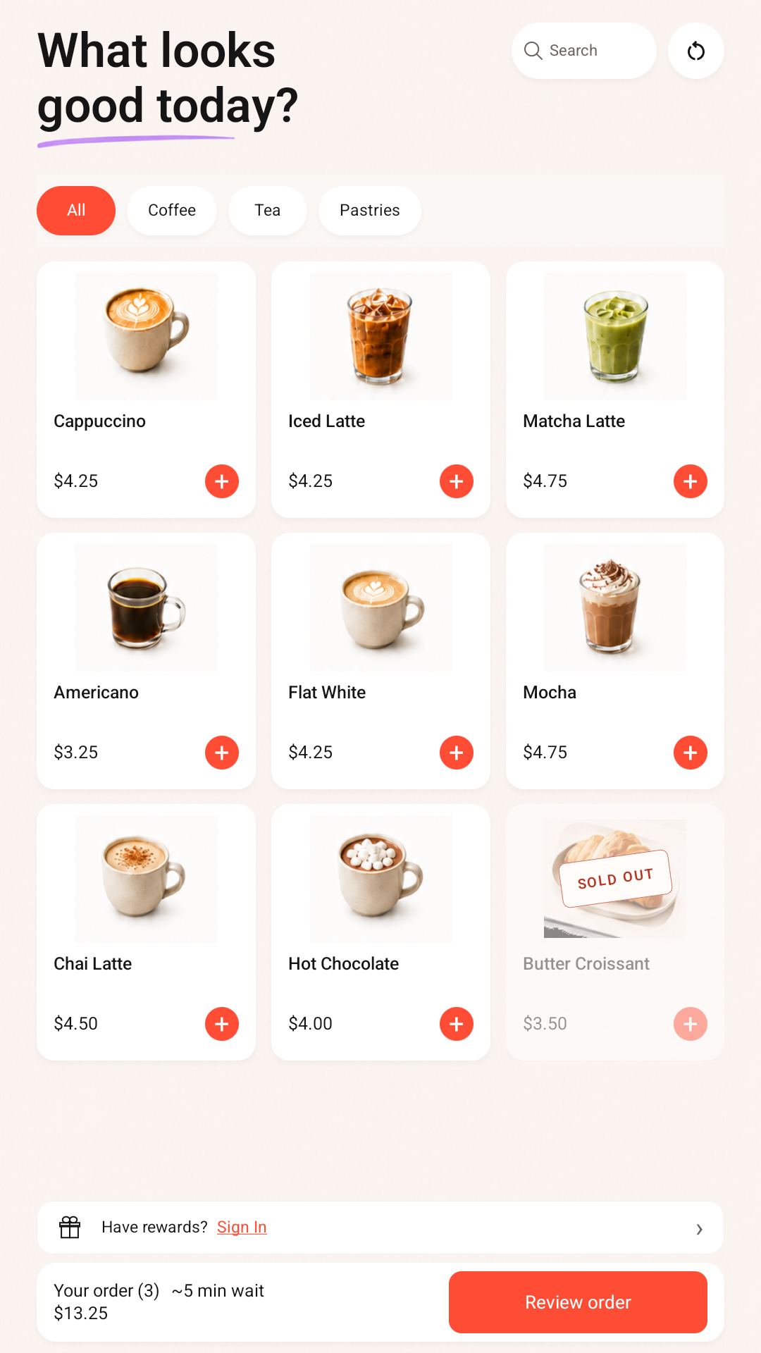 Kiozi Café menu on an Android portrait tablet, with drink categories and a review-order button