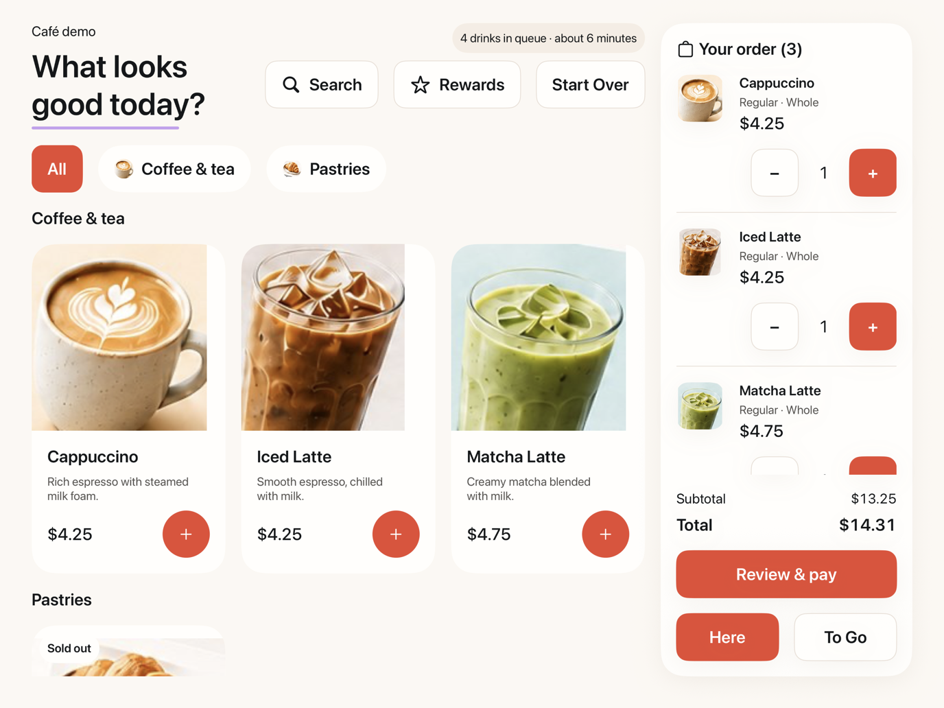 Kiozi Café menu on a landscape iPad, with product photos and an order summary